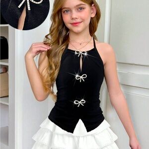 Girls Velvet Halter Top with Sequin Bows